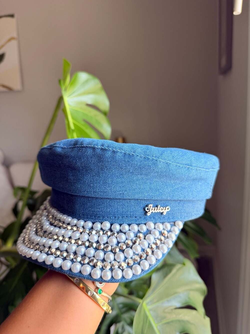 Juicy Couture Denim Cabbie Rhinestone Pearl Hat Women's